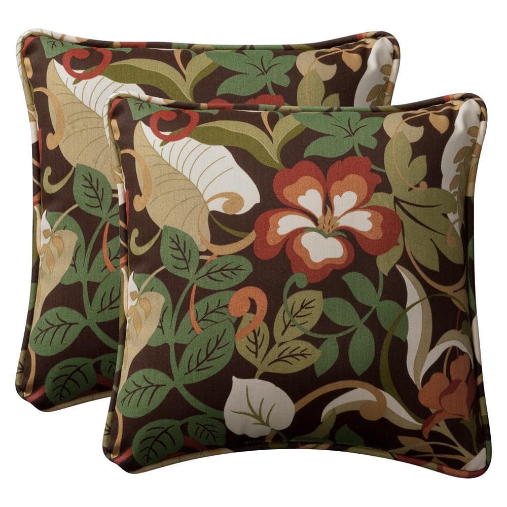 Brown and Green Floral Outdoor Throw Pillow Set
