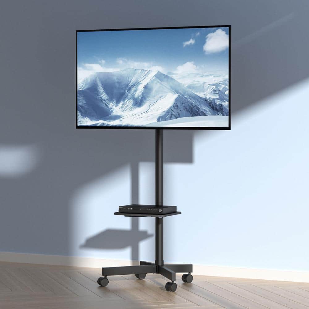 Black Adjustable Mobile TV Stand with Wheels and Tray