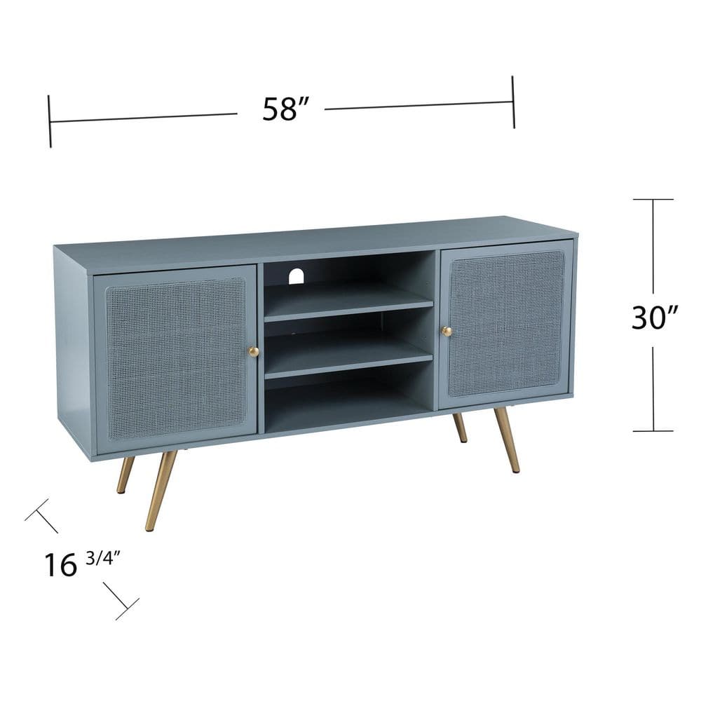 Teal Green and Gold Rattan Media Console with Adjustable Shelves