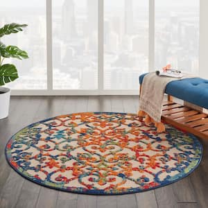 Aloha Easy-Care Multicolor 4 ft. x 4 ft. Round Moroccan Modern Indoor/Outdoor Patio Area Rug