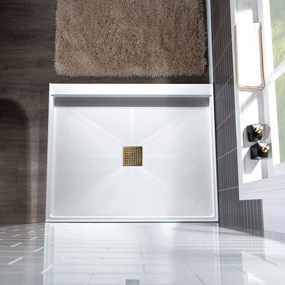 36" White Solid Surface Shower Pan Base with Brushed Gold Drain Cover