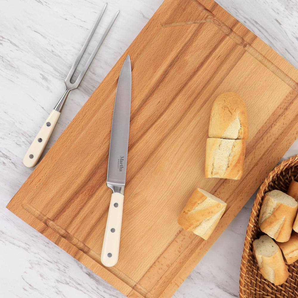 Cream Handle 3-Piece Beechwood Carving Board and Cutlery Set