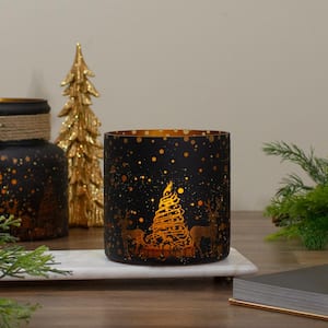 6 in. Black and Gold Deer and Pine Trees Flameless Glass Candle Holder