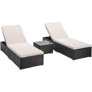 Coffee 3-Piece Wicker Adjustable Outdoor Chaise Lounge Patio Recliner Chair with Beige Cushions and Side Table