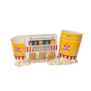Movie Night Popcorn and Seasonings Gift Set and 4 Large Disposable Yellow Tubs 5-Piece Popcorn Set