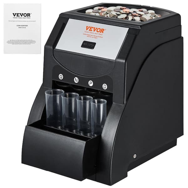 Black Food Vacuum Sealer with Automatic Coin Sorting, 230 Coins/Min, Includes 4 Coin Tubes for USD Coins