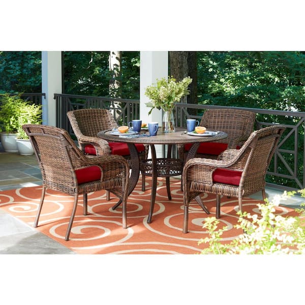 Hampton Bay Cambridge 5 Piece Brown Wicker Outdoor Patio Dining Set With Cushionguard Chili Red Cushions H041 01193800 The Home Depot - Cambridge 5 Piece Brown Wicker Outdoor Patio Dining Set