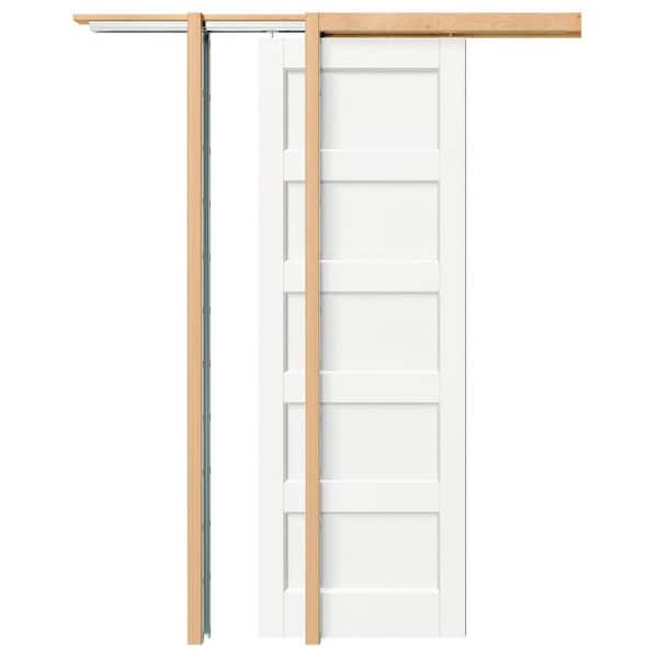 TENONER 48 in. x 80 in. 5 Panel, Solid Core, DIY Painted, White Primed, MDF, Pre-assembled Sliding Door with All Hardware
