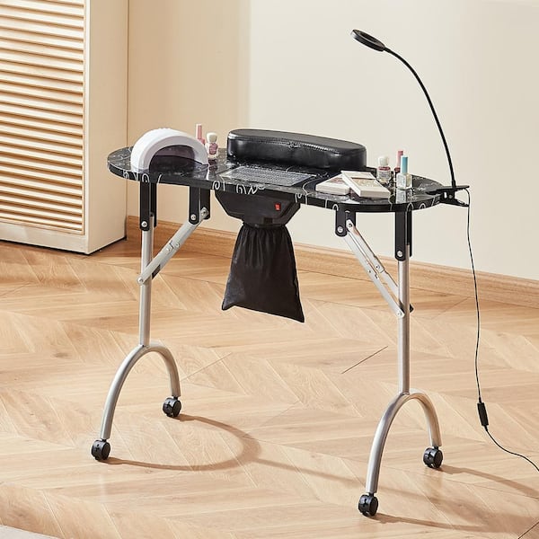 Portable Manicure Table, 15.75 in. Rectangular, White, Particle Board, 1-Desk with Door, Shelves and Glass Top, Black
