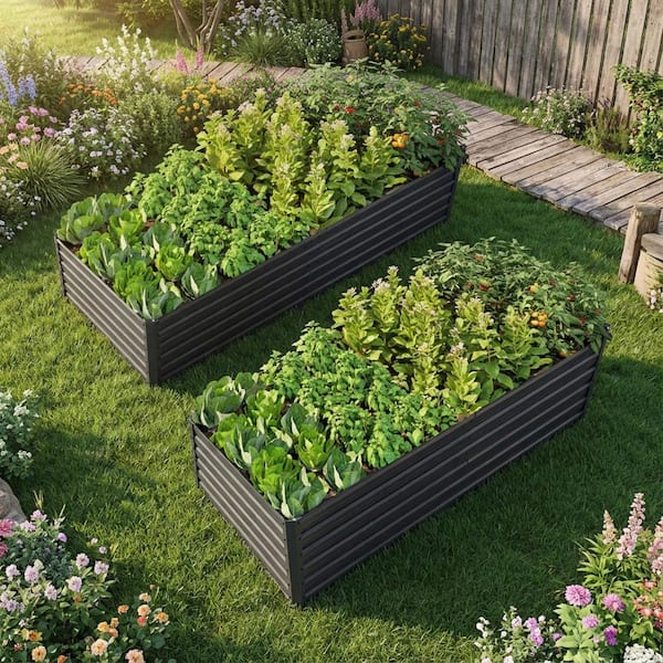 2-Piece 8 ft. x 4 ft. x 2 ft. Outdoor Galvanized Metal Raised Garden Beds  Planter Boxes in Black