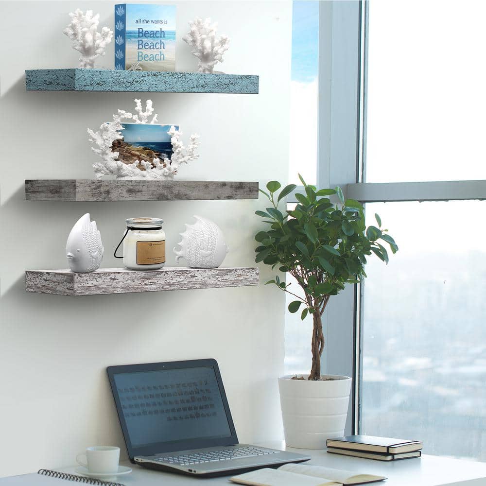 Rustic Blue, Gray, White Wood Floating Accent Shelf Set