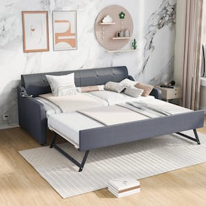 Twin Size Daybed with Pop Up Trundle,Upholstery Daybed Sofa Bed with USB Charging Design for Living Room Guest Room,Gray