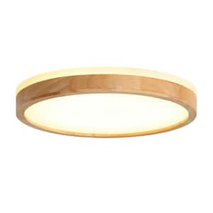 Lumin 15.7 in. 1-Light Wood and White Finish Dimmable LED Flush Mount for Bedroom Kitchen Living Room Dining Room