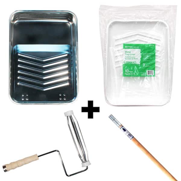 Linzer 9in. Metal Tray + 9in. Plastic Tray Liner (10-Pack) + 9 in. Pro. Wood-Handled Frame + 4ft. Wood Ext. Pole w/Metal Tip
