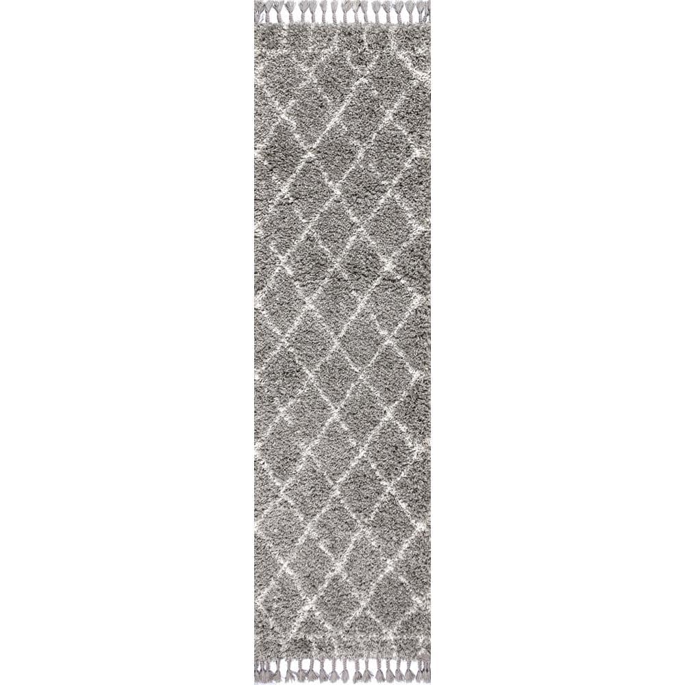 Grey and Cream Moroccan Geometric Trellis Shag Runner Rug