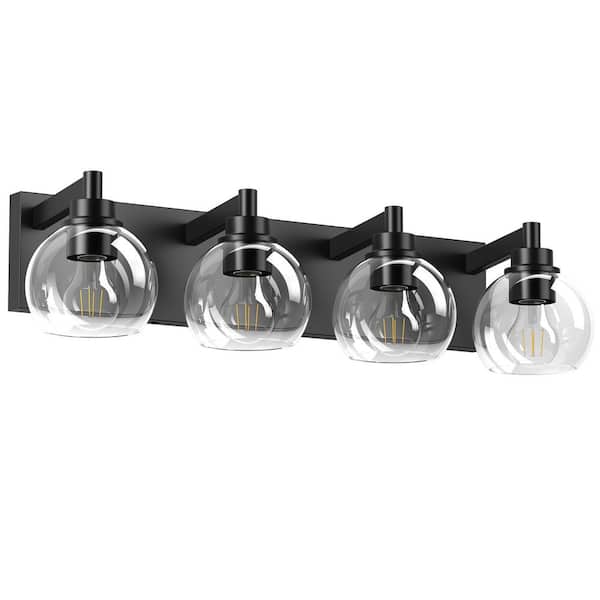 27 in. 4-Light Black Farmhouse Bathroom Vanity Light Fixture with Clear Glass Shades for Over Mirror(No Bulbs)-4 E26