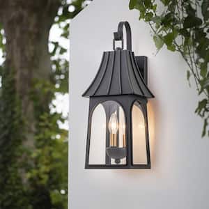20.9 in. 3-Light Black/Gold Outdoor Hardwired Wall Lantern Sconce with Clear Glass(1-Pack)