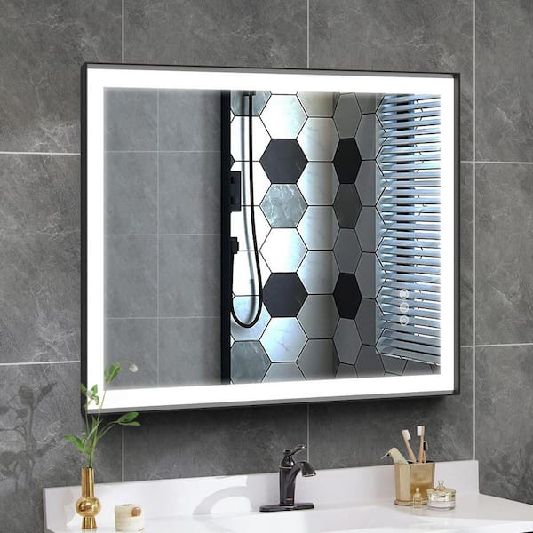 Elevatehome 28 in.W x 36 in.H Rectangular Black Aluminum Framed Anti Fog LED Lighted Modern Wall Bathroom Vanity Mirror in Tempered