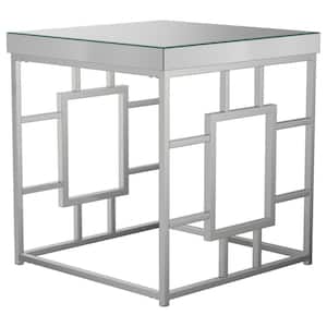 Dafina 22.5 in. W Chrome Geometric Frame Square Mirror Glass Top End Table