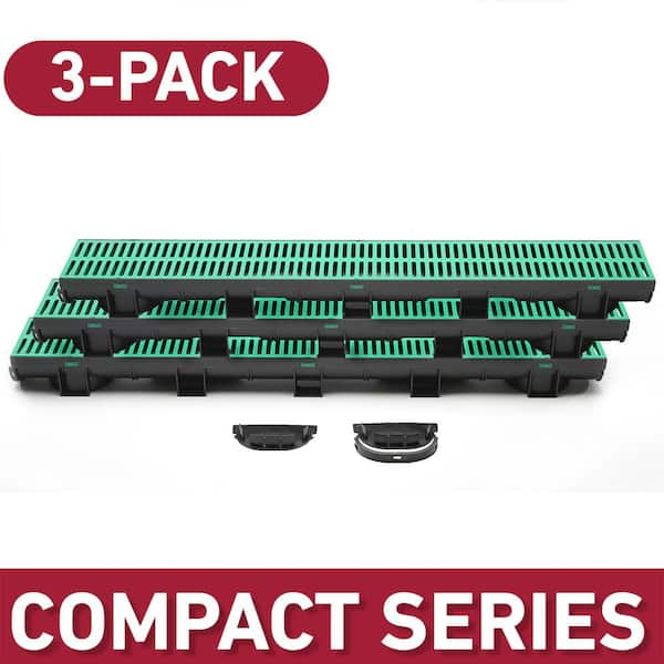 U.S. TRENCH DRAIN Compact Series 5.4 in. W x 3.2 in. D x 39.4 in. L Trench and Channel Drain Kit w/ Green Grate (3-PK : 9.8 ft)