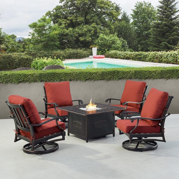 Oakland Living Black 5-Piece Aluminum Patio Fire Pit Set with Red Cushions