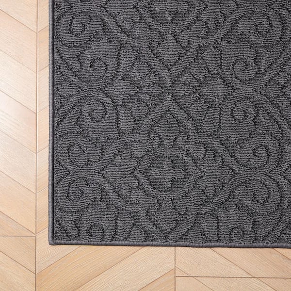 Feya Solid Dark Gray 2 ft. x 5 ft. Medallion 2-Piece Rug Set