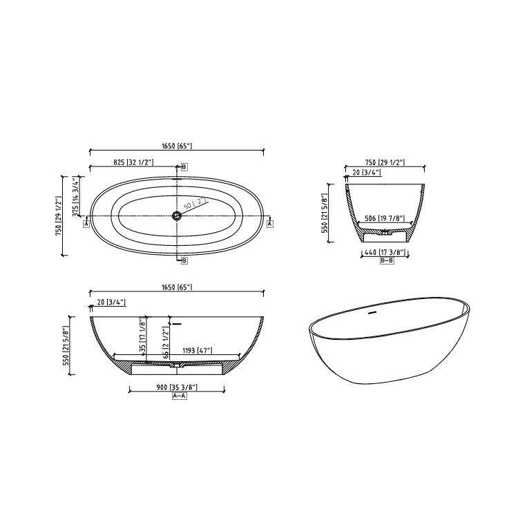 65" Matte White Stone Resin Freestanding Soaking Bathtub