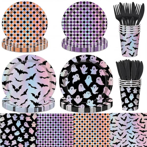 24 Set Halloween Paper Plates and Napkins Cups with Forks and Knives, Cardboard Halloween Disposable Dinnerware Set