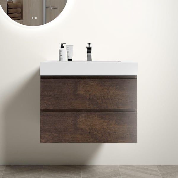 INSTER NOBLE 30 in. W x 18 in. D x 25 in. H Single Sink Floating Bath Vanity in Wood with White Solid Surface Integral Top