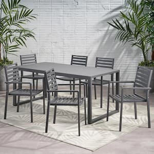 Paz 30 in. Grey 7-Piece Metal Rectangular Outdoor Dining Set