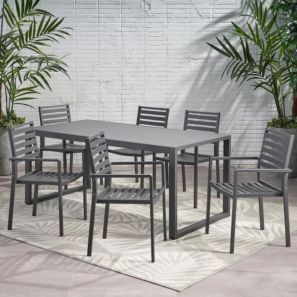 Noble House Paz 30 in. Grey 7-Piece Metal Rectangular Patio Outdoor Dining Set
