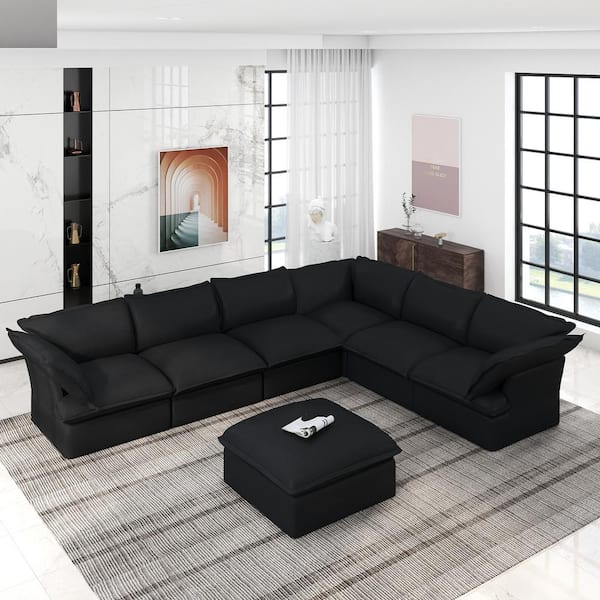 163 in. Flared Arm 7-Piece Linen Overstuffed Cloud Sofa Solid Wood L-Shaped Sectional Sofa in Black with Storage Ottoman