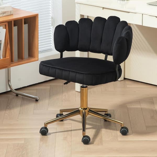 Modern Velvet Swivel Home Office Ergonomic Desk Chair in Black with Arms and Gold Base