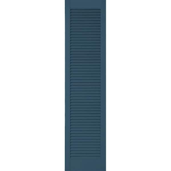Ekena Millwork 14-1/2 in. x 40 in. Lifetime Vinyl Custom Straight Top All Open Louvered Shutters Pair Classic Blue