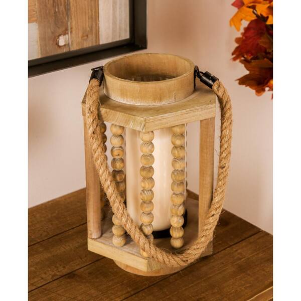 11 X 8 Rustic Wood/glass Candle Holder With Rope Handle Beige