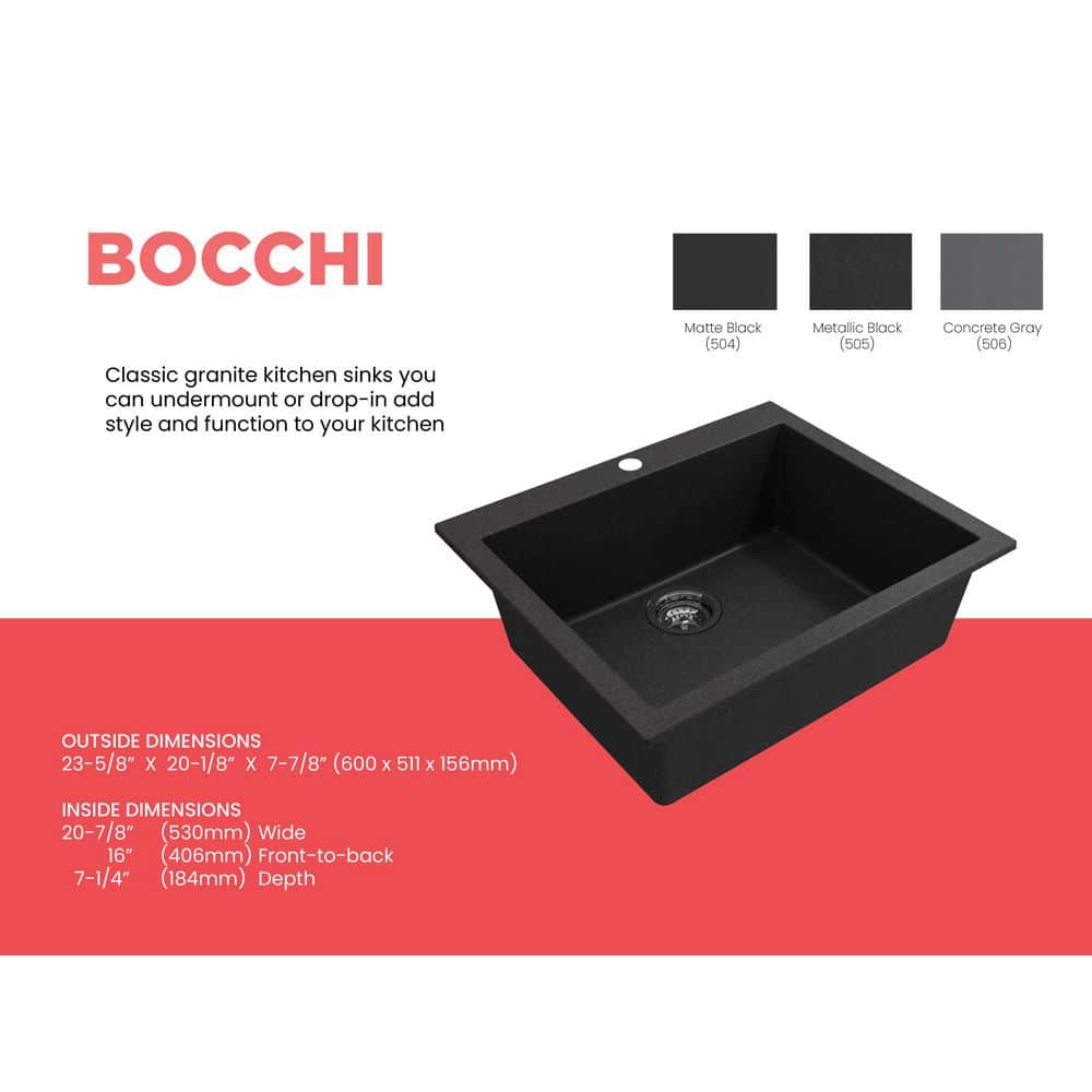 Metallic Black 24-Inch Granite Single Bowl Drop-In Kitchen Sink