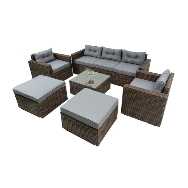 FORCLOVER Brown 6-Piece Wicker Patio Conversation Set with Gray Cushions and 2 Ottomans