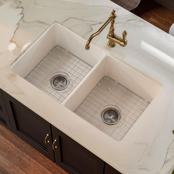 32 in. Double Bowl 50/50 Kitchen Sink, White Fireclay Kitchen Sink Undermount/Drop in, with Grid and Strainer Drain