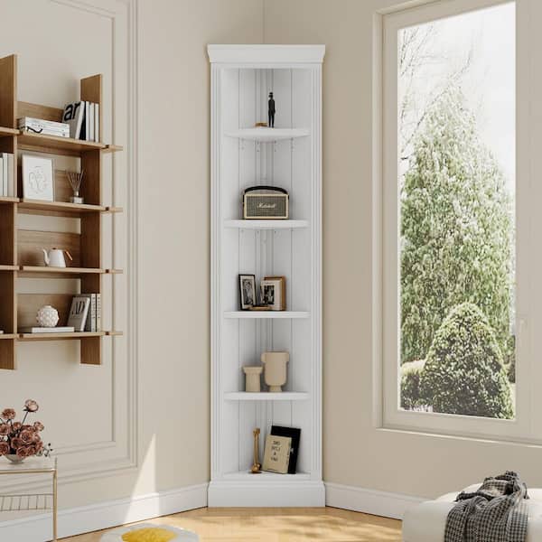 Harper & Bright Designs 83.4 in. Tall White Wood 5-Shelf Corner Accent Bookcase with 2-Adjustable Shelves