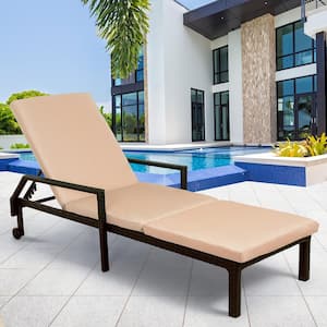 Brown Wicker Outdoor Chaise Lounge with Beige Cushions