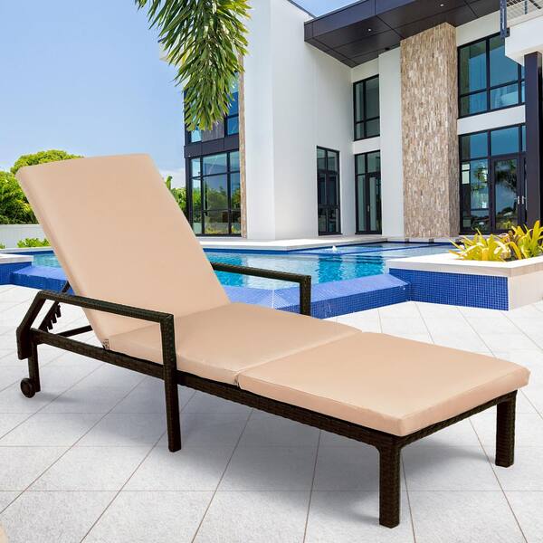AECOJOY Brown Wicker Outdoor Chaise Lounge with Beige Cushions