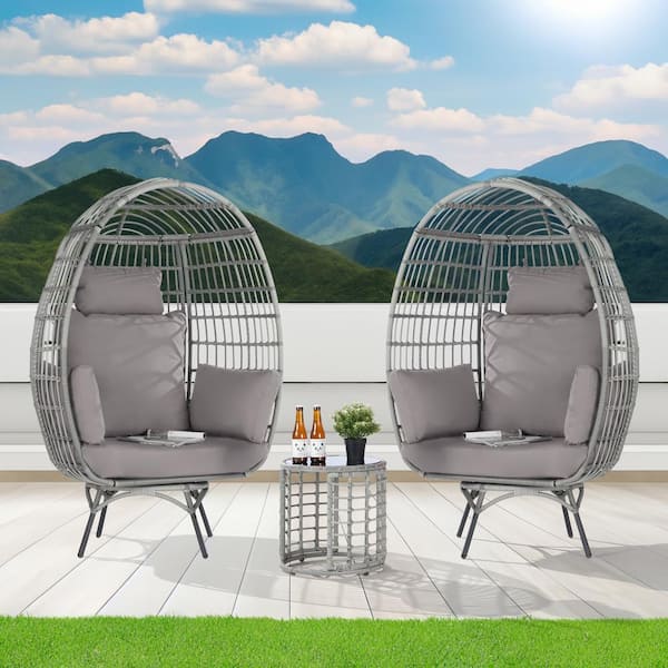 SANSTAR 3-Piece Patio Wicker Swivel Outdoor Bistro Set with Side Table, Oversized Egg Chair with Light Gray Cushions