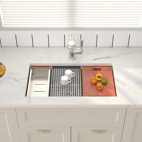 33 in. x 19 in. Undermount Single Bowl 16 Gauge Stainless Steel Workstation Kitchen Sink with Bottom Grids