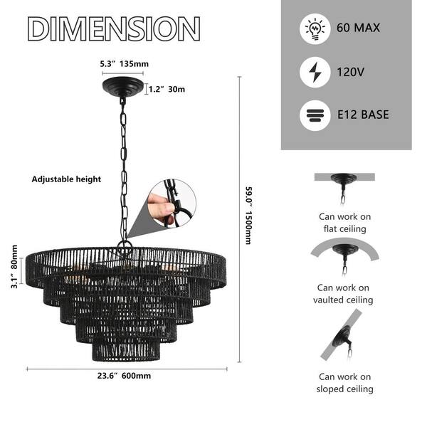 FIRHOT 8 Light Black Rustic 5-Tier Hemp Rope Chandelier for