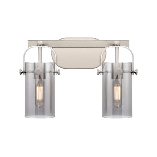 Innovations Pilaster II Cylinder 14.88 in. 2-Light Satin Nickel Vanity Light with Black Glass Shade