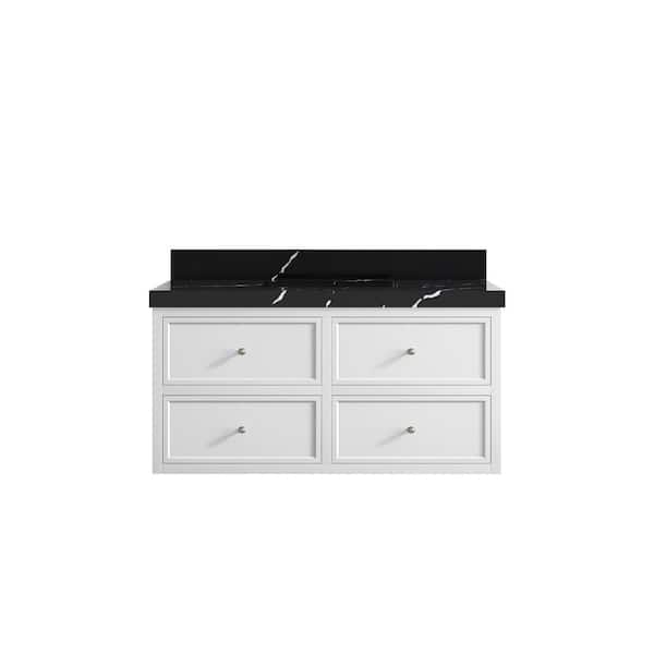 Willow Collections Roswell Floating 42 in. Single Sink Freestanding White Bath Vanity with Calacatta Black Qt. Top Unassembled