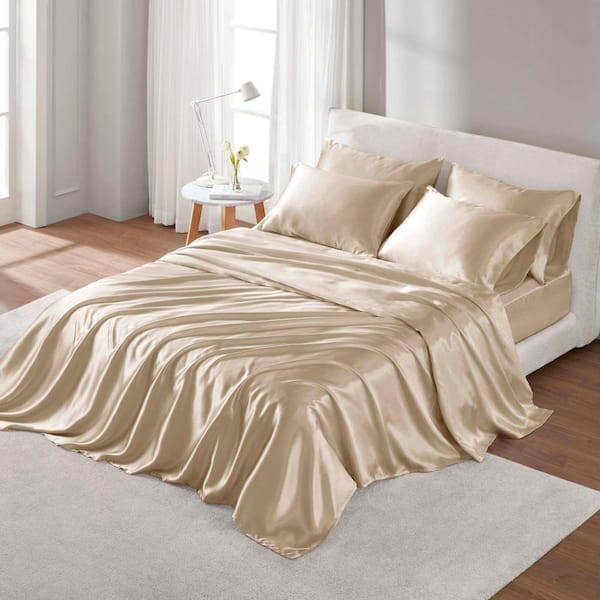 Home Decor OEKO-TEX Certified 6-Piece Satin Sheet Set Wrinkle free, Smooths out Frizzy Hair when Sleep, Twin, Champagne