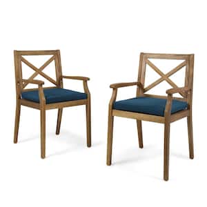 Perla Teak Brown Cross Back Wood Outdoor Dining Chairs with Blue Cushions (2-Pack)
