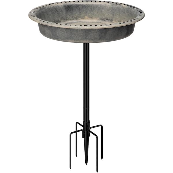 29 in. H Oval Polyresin Garden Birdbath with Metal Stake in Gray