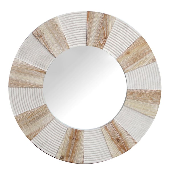 PARISLOFT 31.5 in. W x 31.5 in. H Rustic White and Natrual Wood Round Framed Wall Mirror